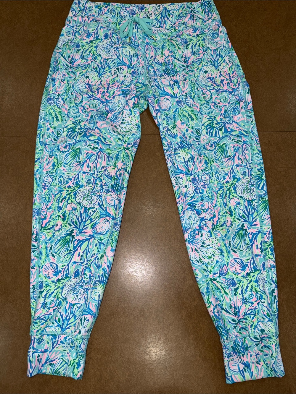 Lilly Pulitzer Luxletic Surf Blue Aqua-Pink Multi Floral Jogger Pants • Like NEW